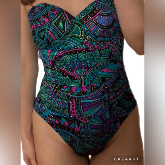 Vtg Catalina Abstracted Ruched Swimsuit Faux Wrap USA Teal Gold Paisley - Picture 3 of 9